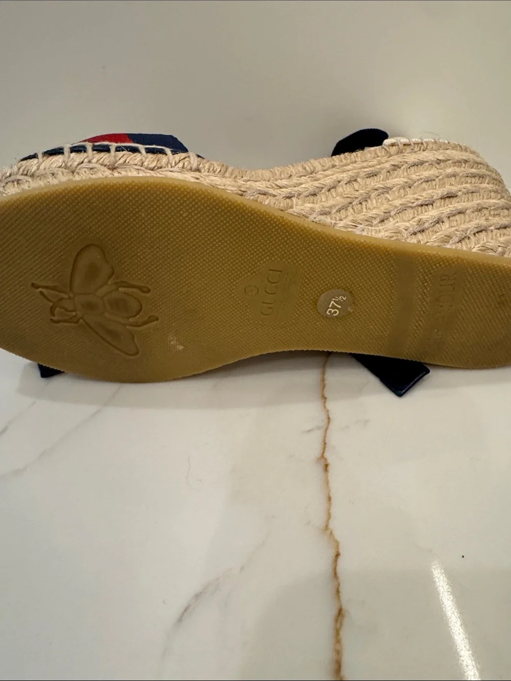 Gucci Navy Red White Canvas Espadrille Wedge Sandal